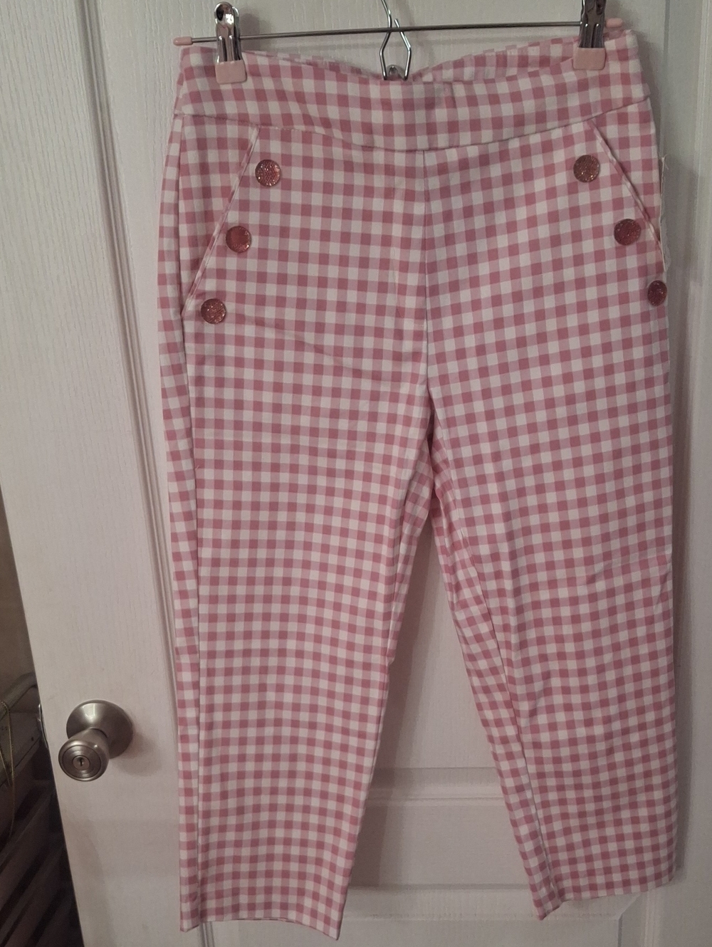 Jenna Rose Women's Pink Gingham Sailor Sparkle Button Crop Pants NWT  Size S